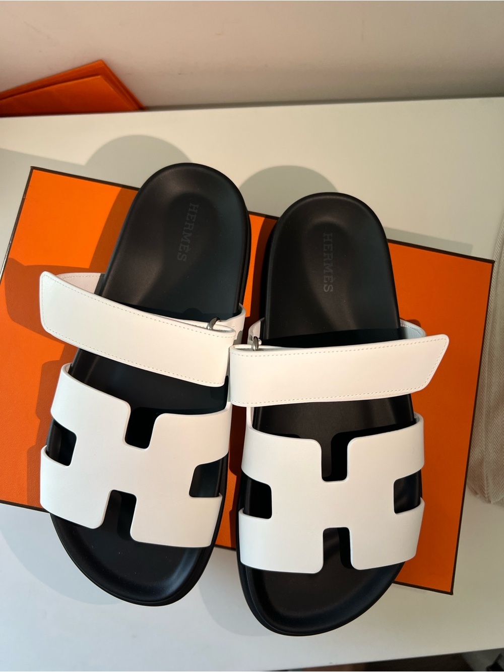 Hermes Kids White and Black Leather Logo Slide Sandals
